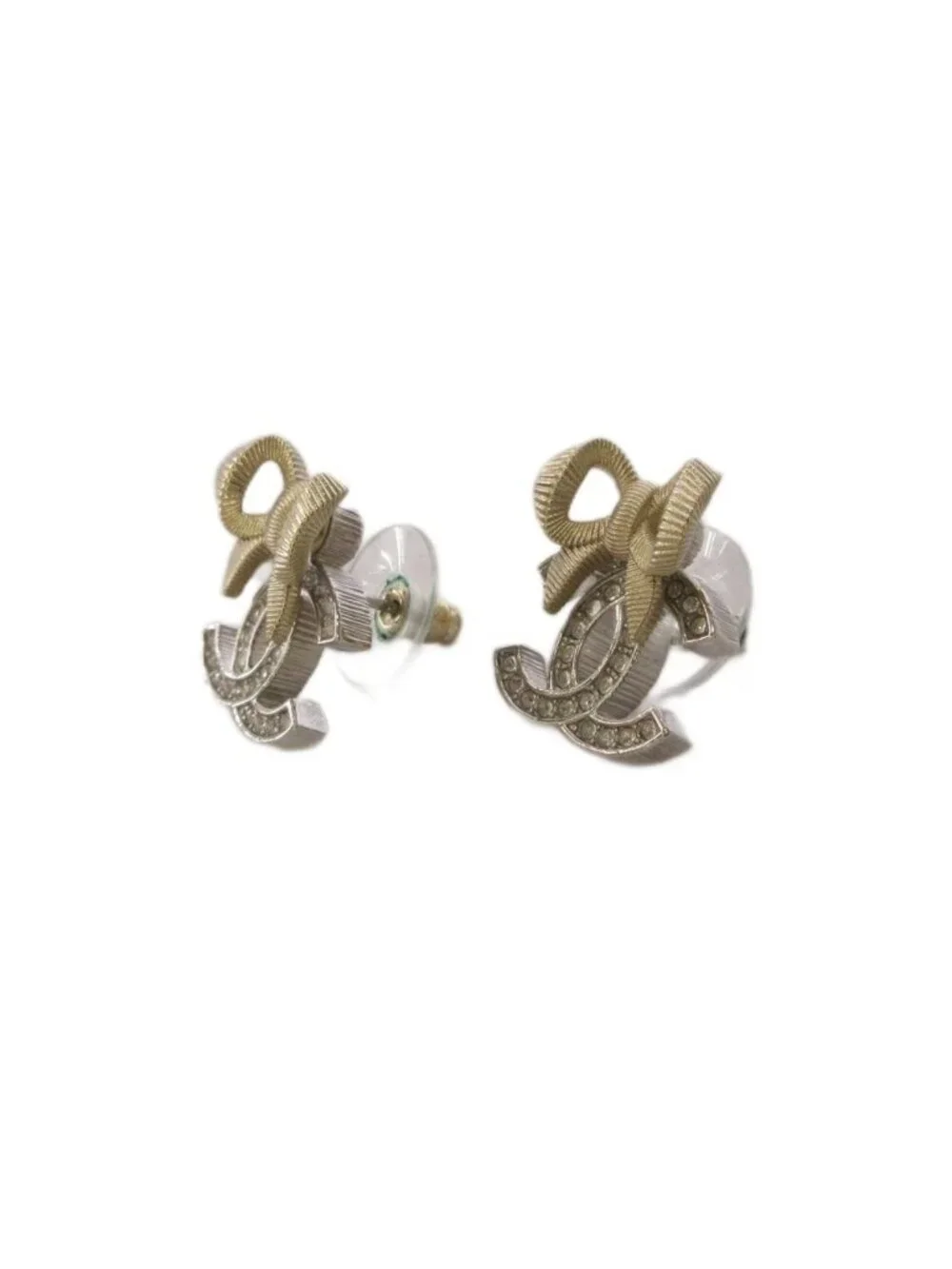 Chanel 24k CC Logo Ribbon Earrings Silver Color Gold KH